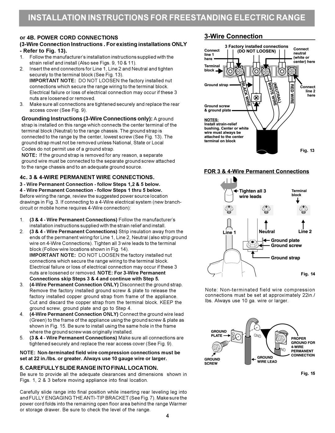 Frigidaire 316454912 manual 4c & 4-WIRE Permanent Wire Connections, Carefully Slide Range Into Final Location 