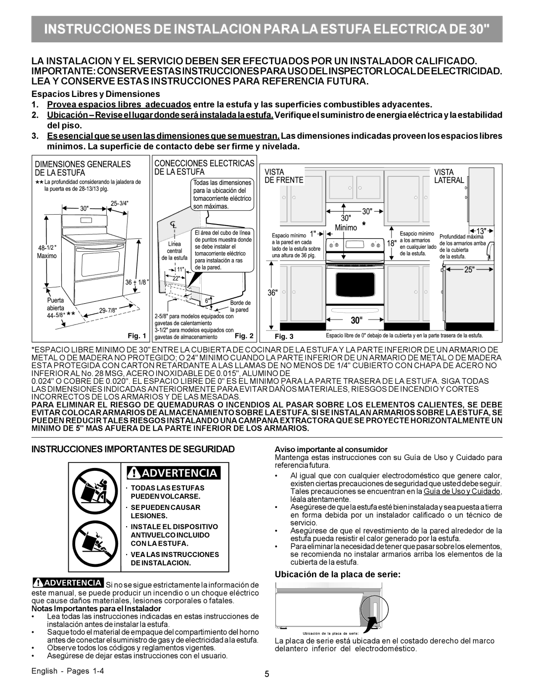 Frigidaire 316454912 manual Instrucciones DE Instalacion Para LA Estufa Electrica DE, Ubicación de la placa de serie 