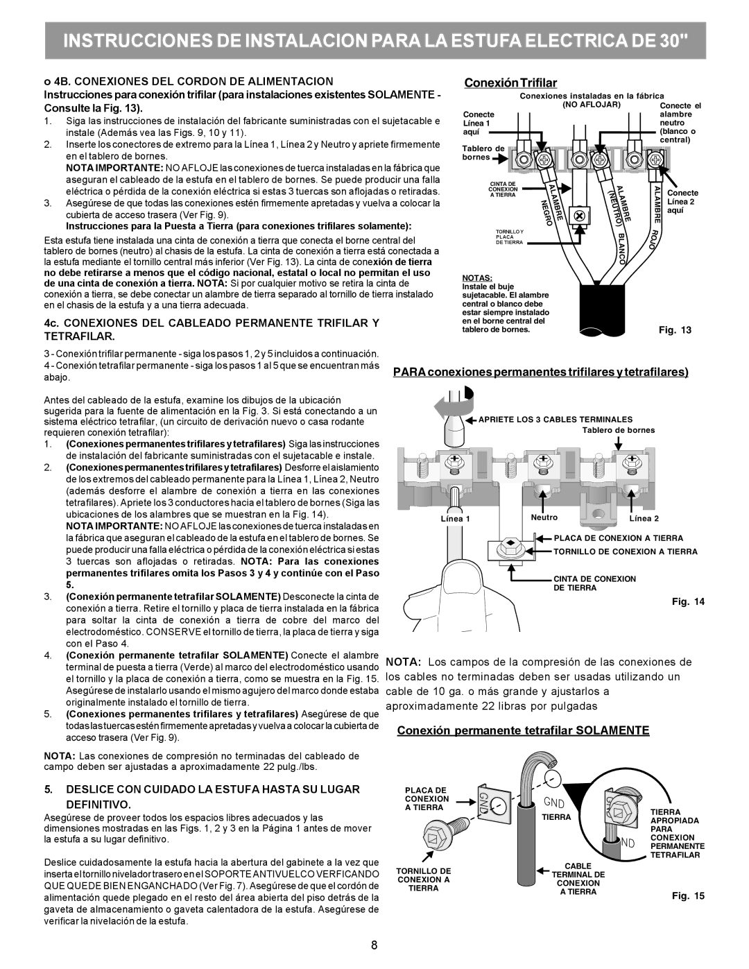 Frigidaire 316454912 manual Conexión Trifilar, Conexión permanente tetrafilar Solamente 
