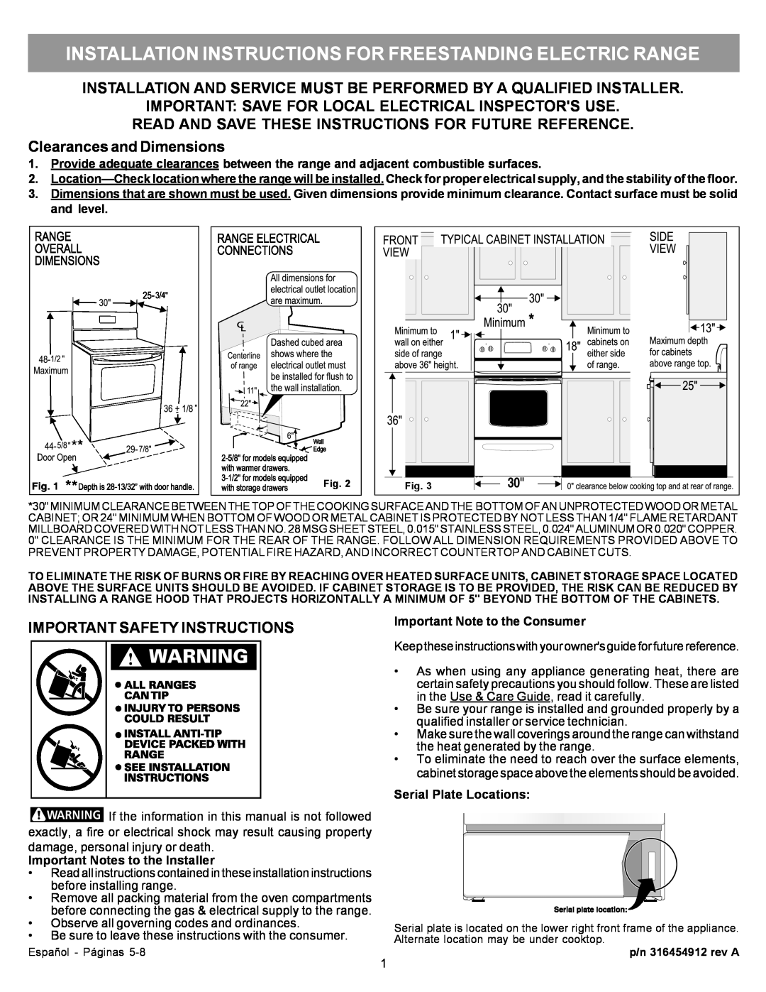 Frigidaire 316454912 manual Installation Instructions For Freestanding Electric Range, Important Notes to the Installer 