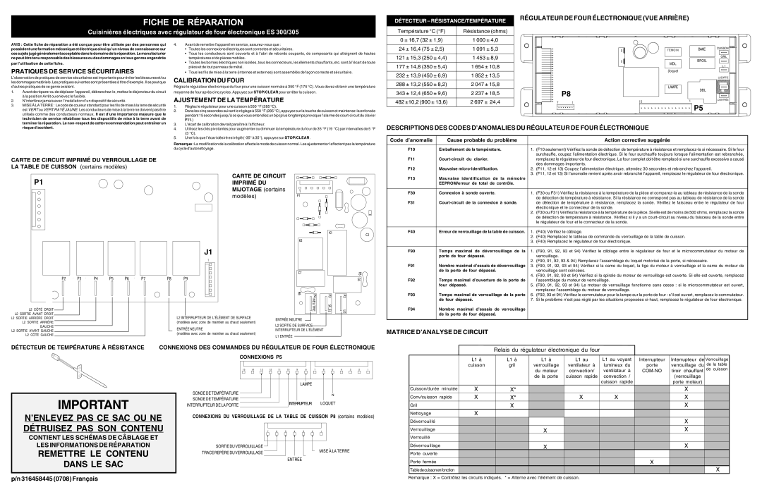 Frigidaire ES 305 Emballement de la température, Court-circuit du clavier, Mauvaise micro-identification, Four dépassé 