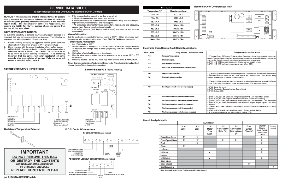 Frigidaire ES 305 manual Service Data Sheet, Do Not Remove This Bag Or Destroy The Contents, Replace Contents In Bag 