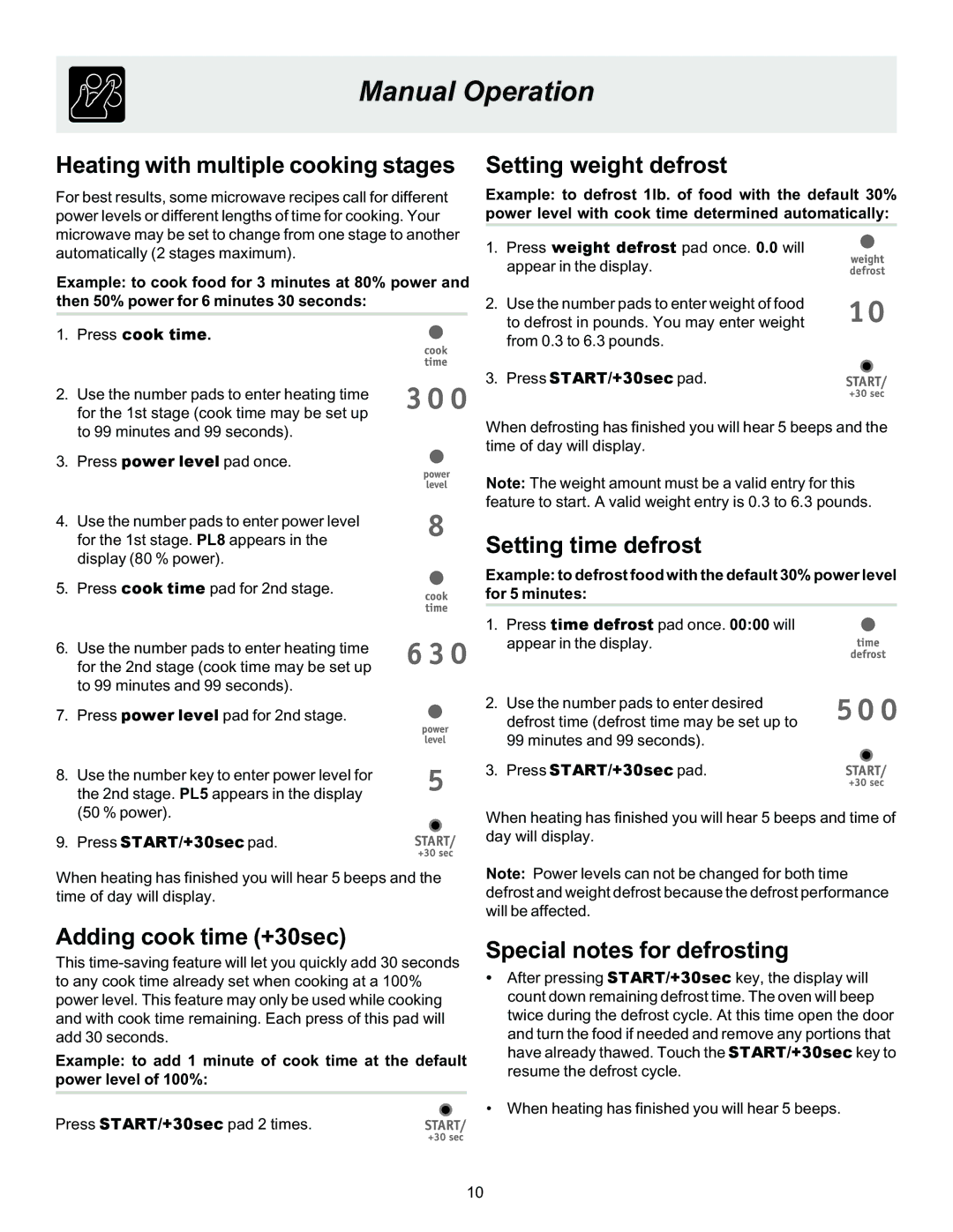 Frigidaire 316495002 manual Heating with multiple cooking stages, Setting weight defrost, Setting time defrost 