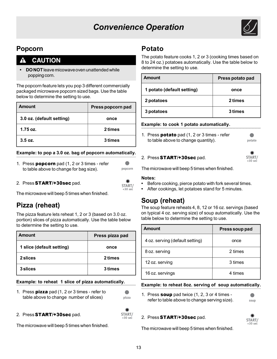 Frigidaire 316495002 manual Convenience Operation, Popcorn, Potato, Pizza reheat, Soup reheat 