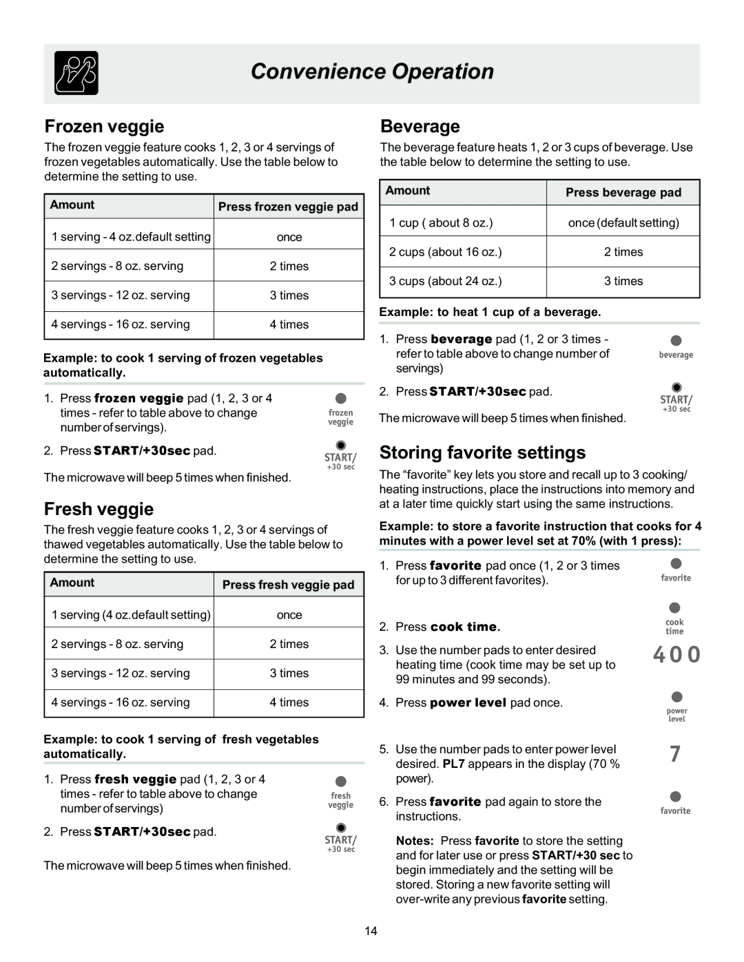 Frigidaire 316495002 manual Frozen veggie, Fresh veggie Beverage, Storing favorite settings 