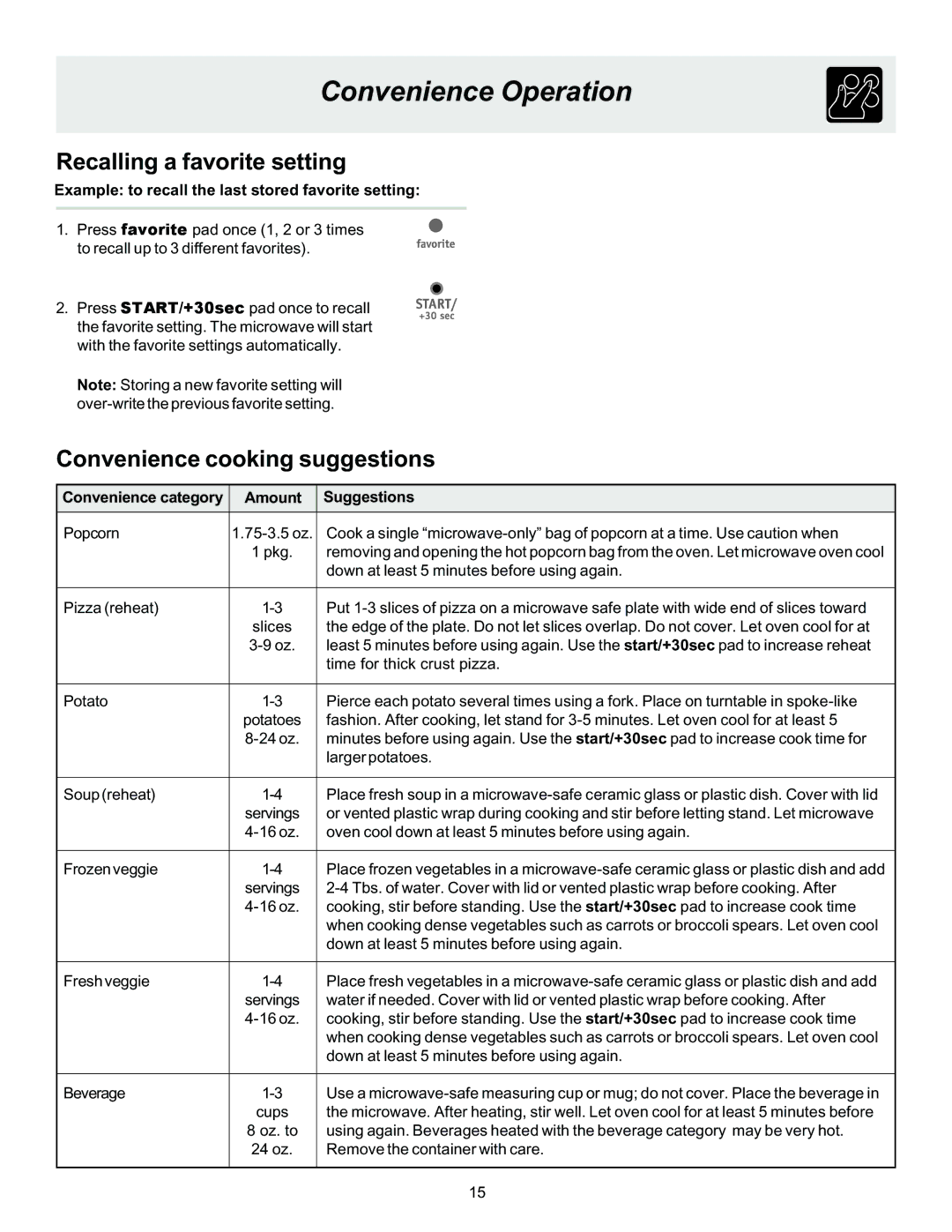 Frigidaire 316495002 manual Recalling a favorite setting, Convenience cooking suggestions 