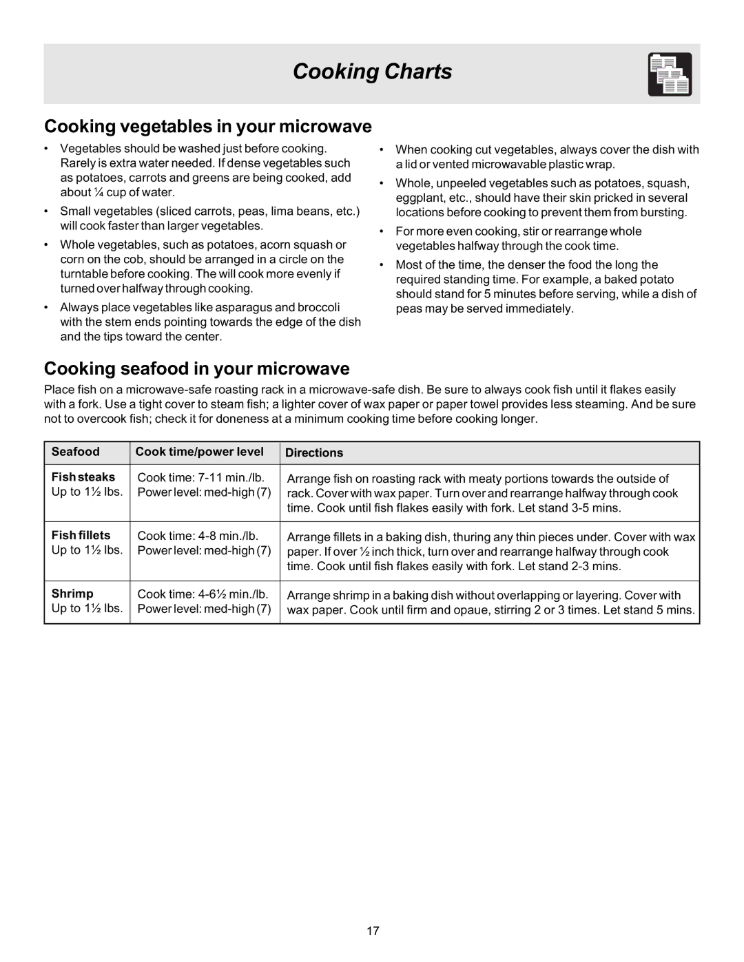 Frigidaire 316495002 Cooking seafood in your microwave, Seafood Cook time/power level Directions Fish steaks, Fish fillets 