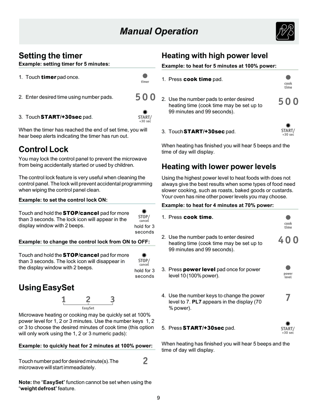 Frigidaire 316495002 manual Manual Operation, Heating with high power level, Heating with lower power levels 