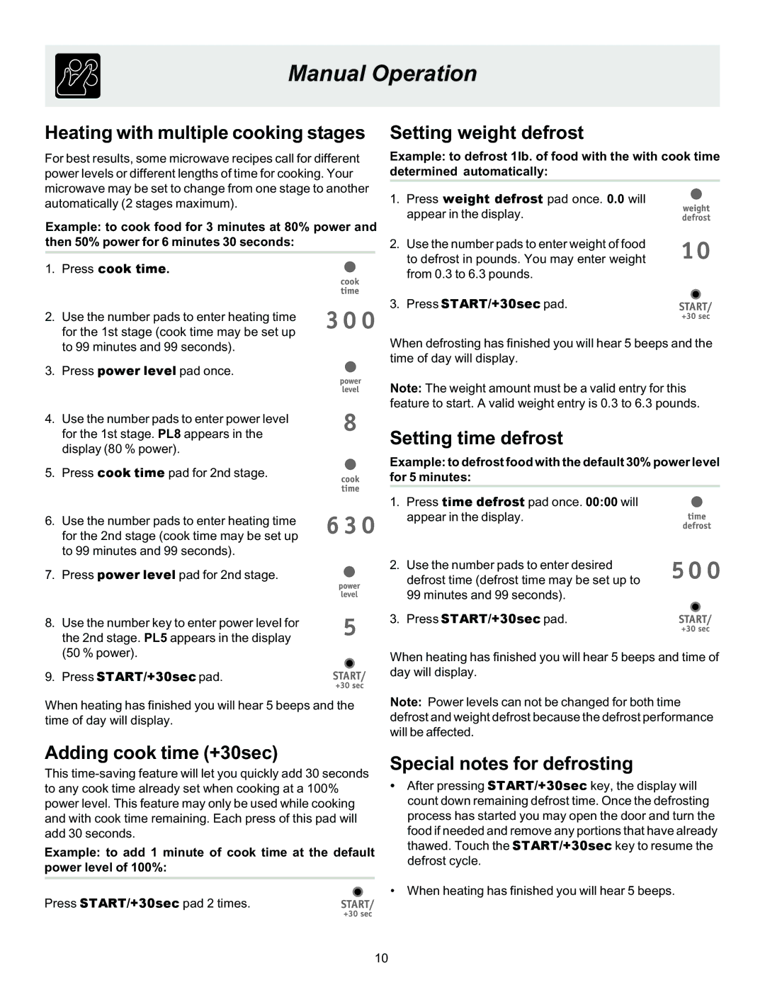 Frigidaire 316495003 manual Heating with multiple cooking stages, Setting weight defrost, Setting time defrost 