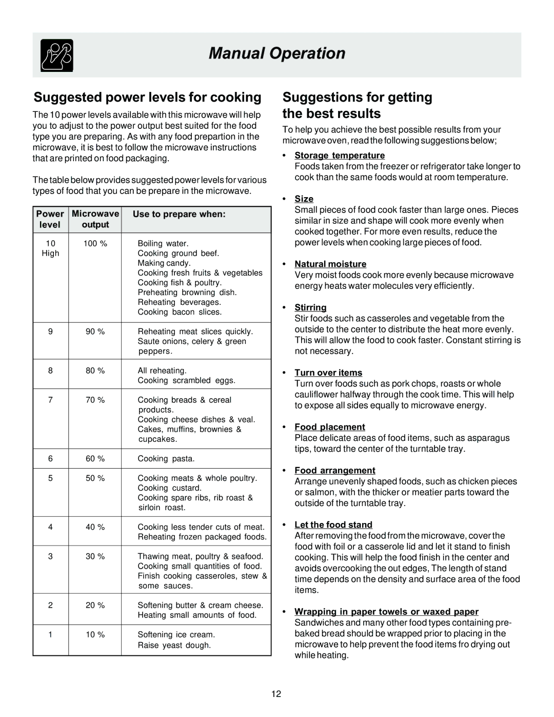 Frigidaire 316495003 manual Suggested power levels for cooking, Suggestions for getting the best results 