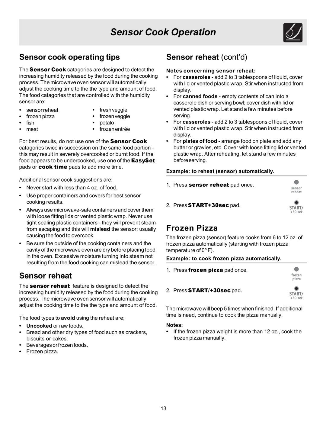 Frigidaire 316495003 manual Sensor Cook Operation, Sensor cook operating tips, Sensor reheat cont’d, Frozen Pizza 