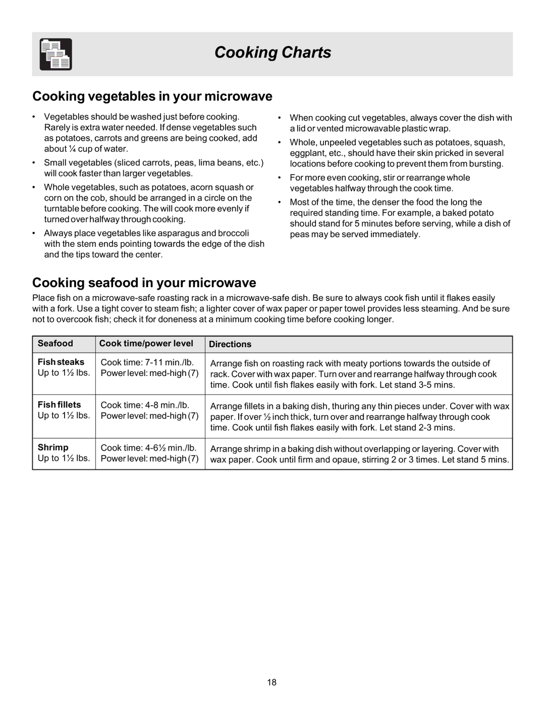 Frigidaire 316495003 manual Cooking vegetables in your microwave, Cooking seafood in your microwave, Fish fillets, Shrimp 