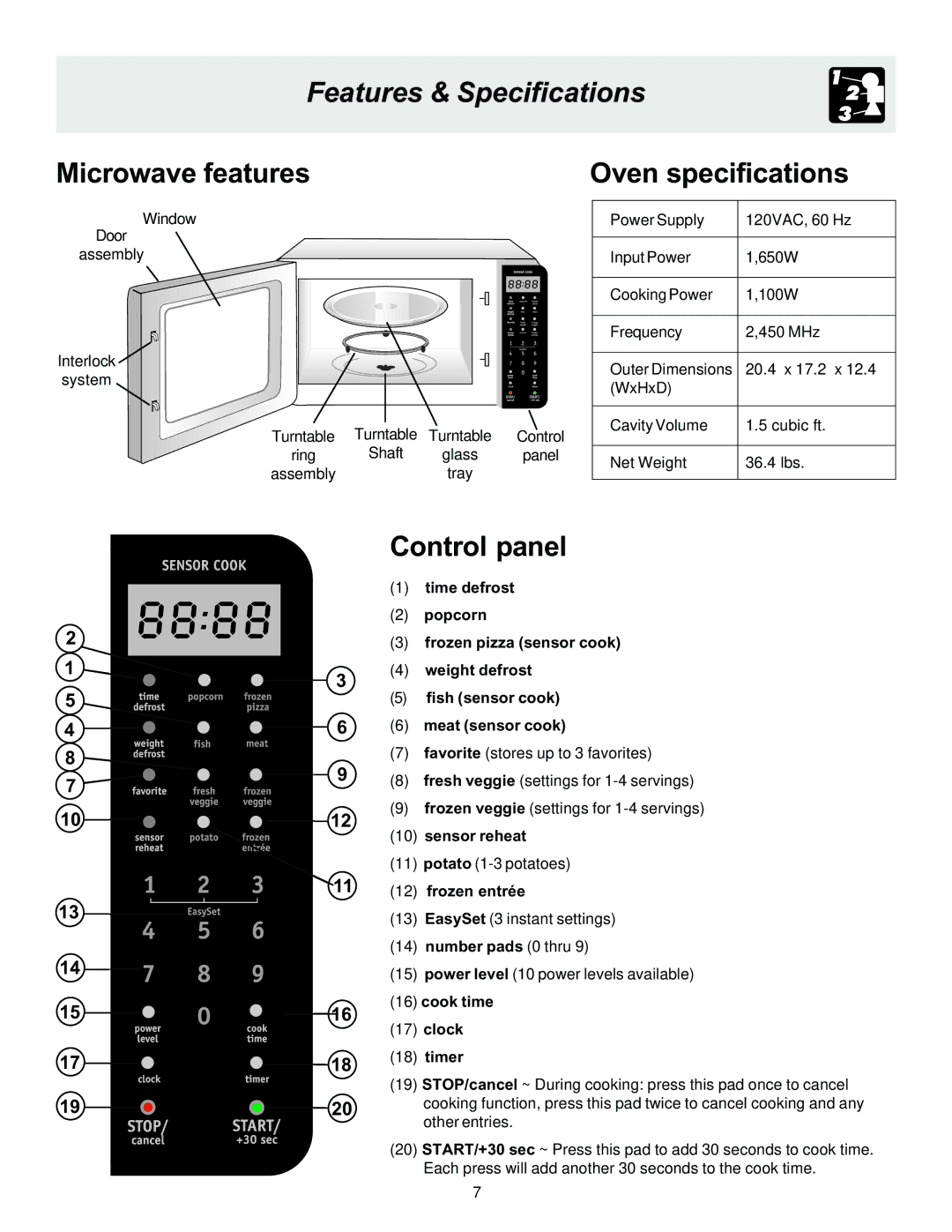 Frigidaire 316495003 Features & Specifications, Sensor reheat, Frozen entrée, Number pads 0 thru, Cook time Clock Timer 