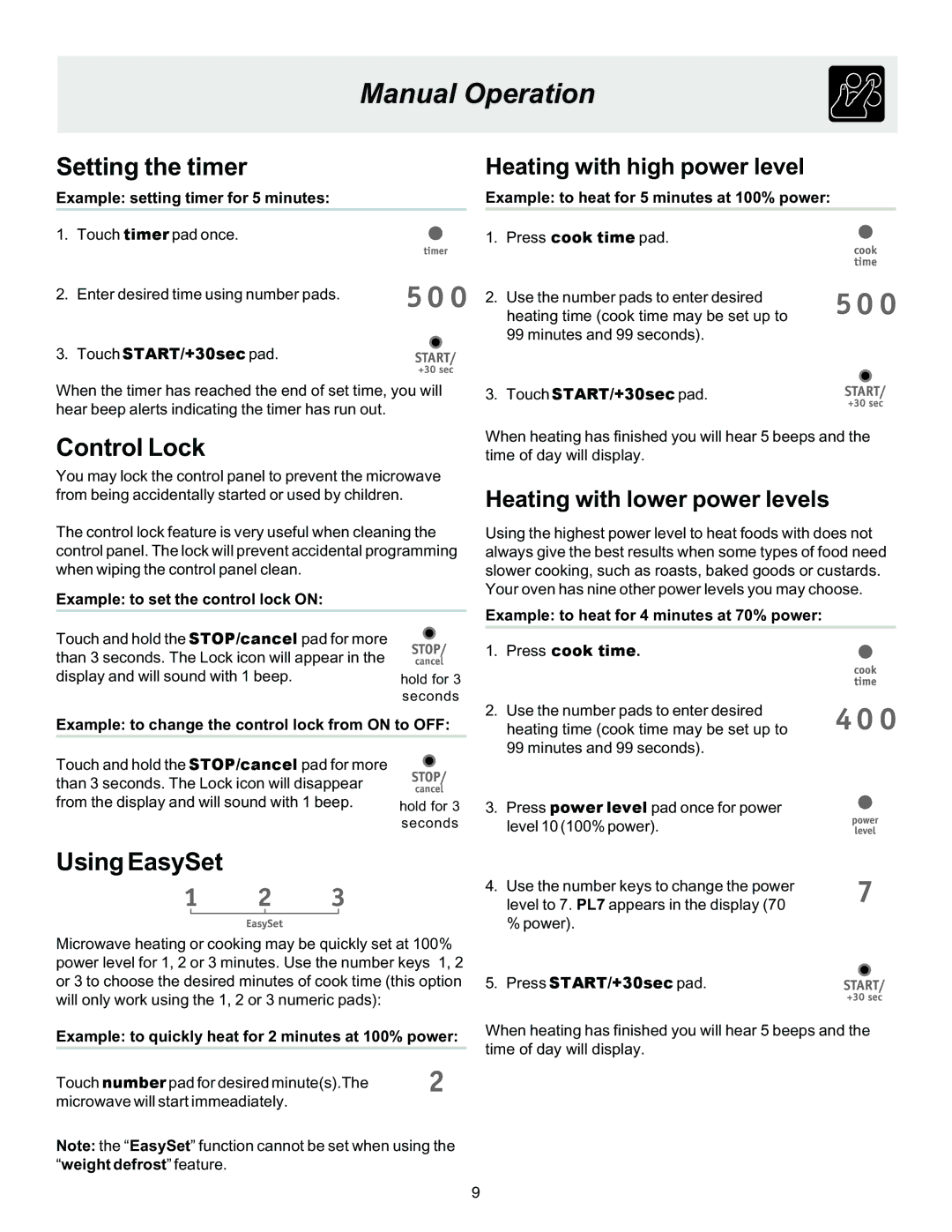 Frigidaire 316495003 manual Manual Operation, Heating with high power level, Heating with lower power levels 