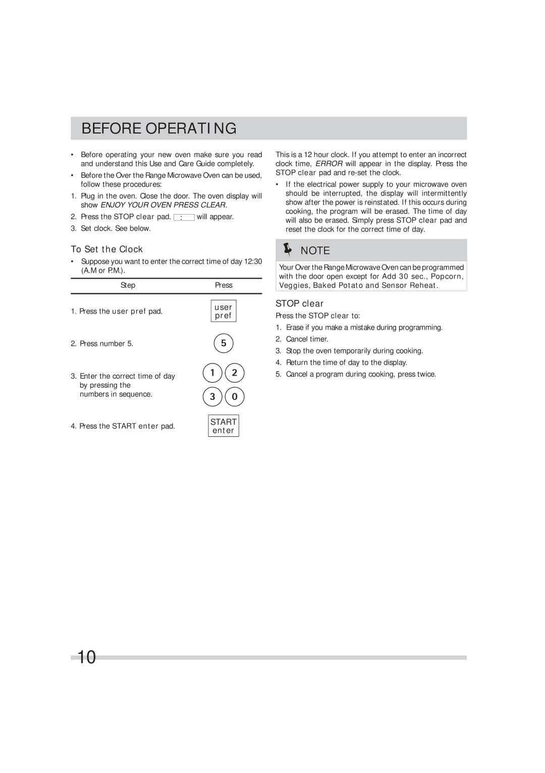 Frigidaire 316495054 manual Before Operating, To Set the Clock, Stop clear, Veggies, Baked Potato and Sensor Reheat 