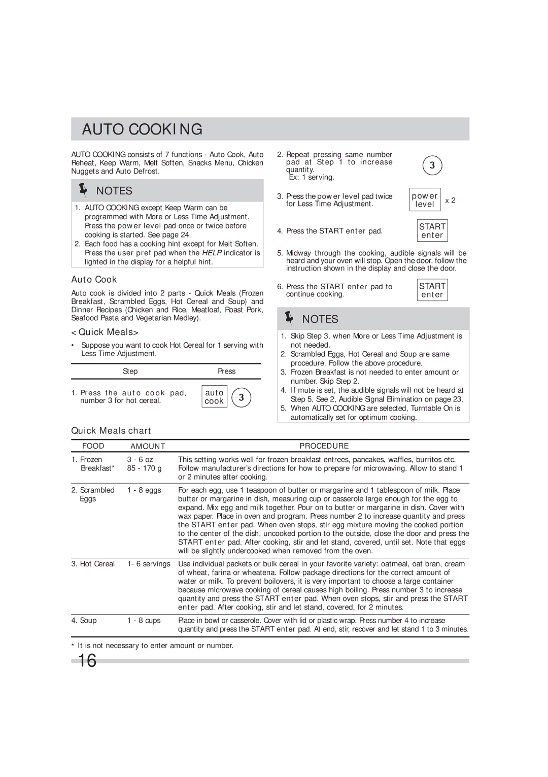 Frigidaire 316495054 manual Auto Cooking, Quick Meals chart 