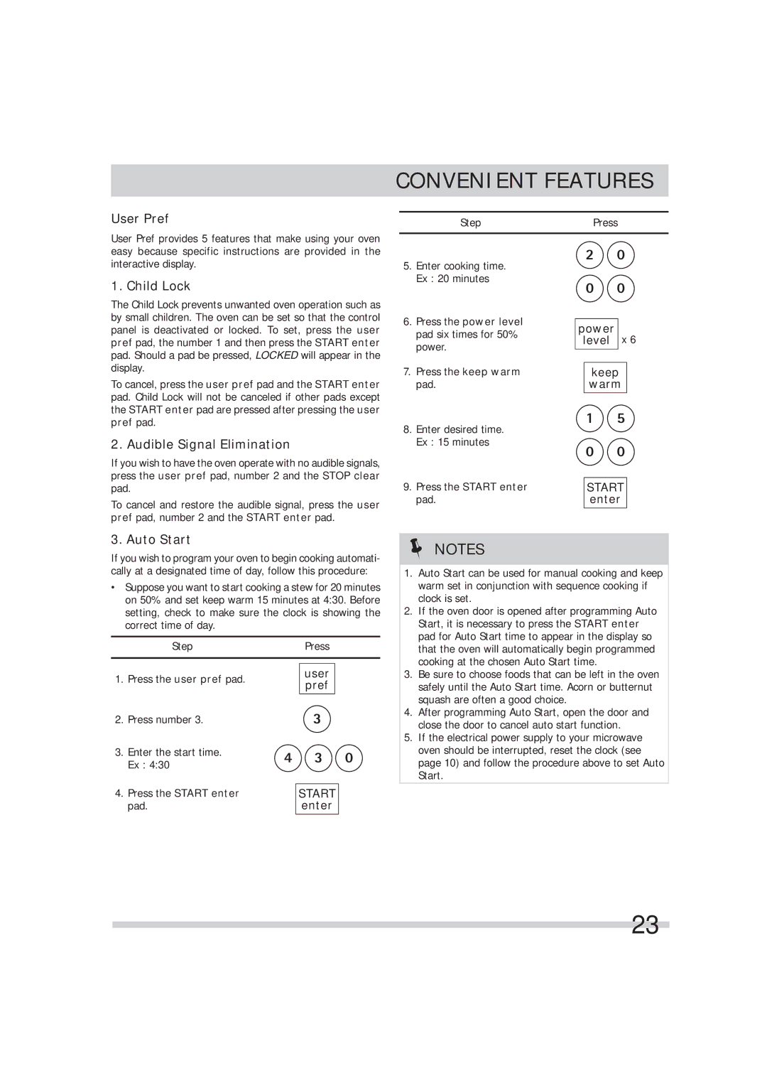 Frigidaire 316495054 manual Convenient Features, User Pref, Child Lock, Audible Signal Elimination, Auto Start 