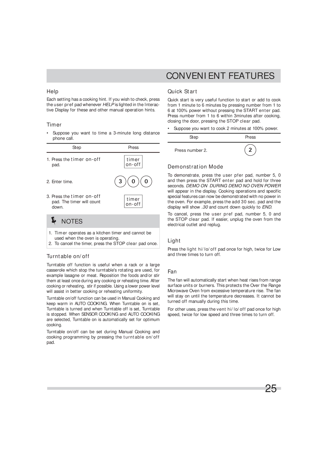 Frigidaire 316495054 manual Help, Timer, Quick Start, Demonstration Mode, Turntable on/off, Light, Fan 