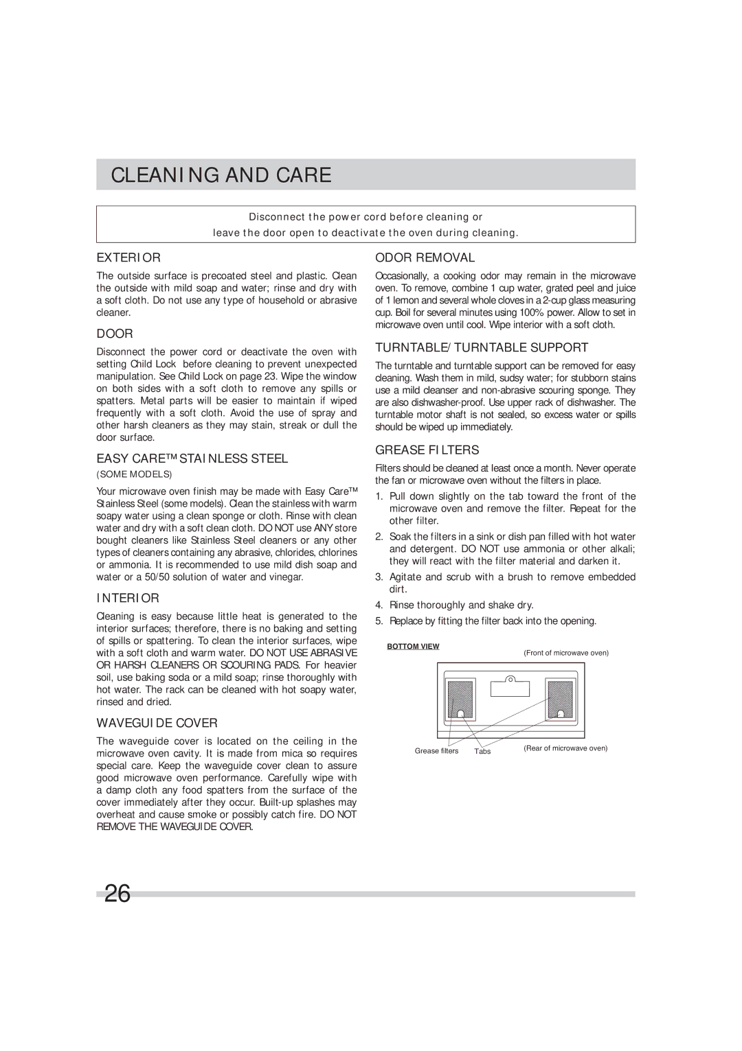 Frigidaire 316495054 manual Cleaning and Care 