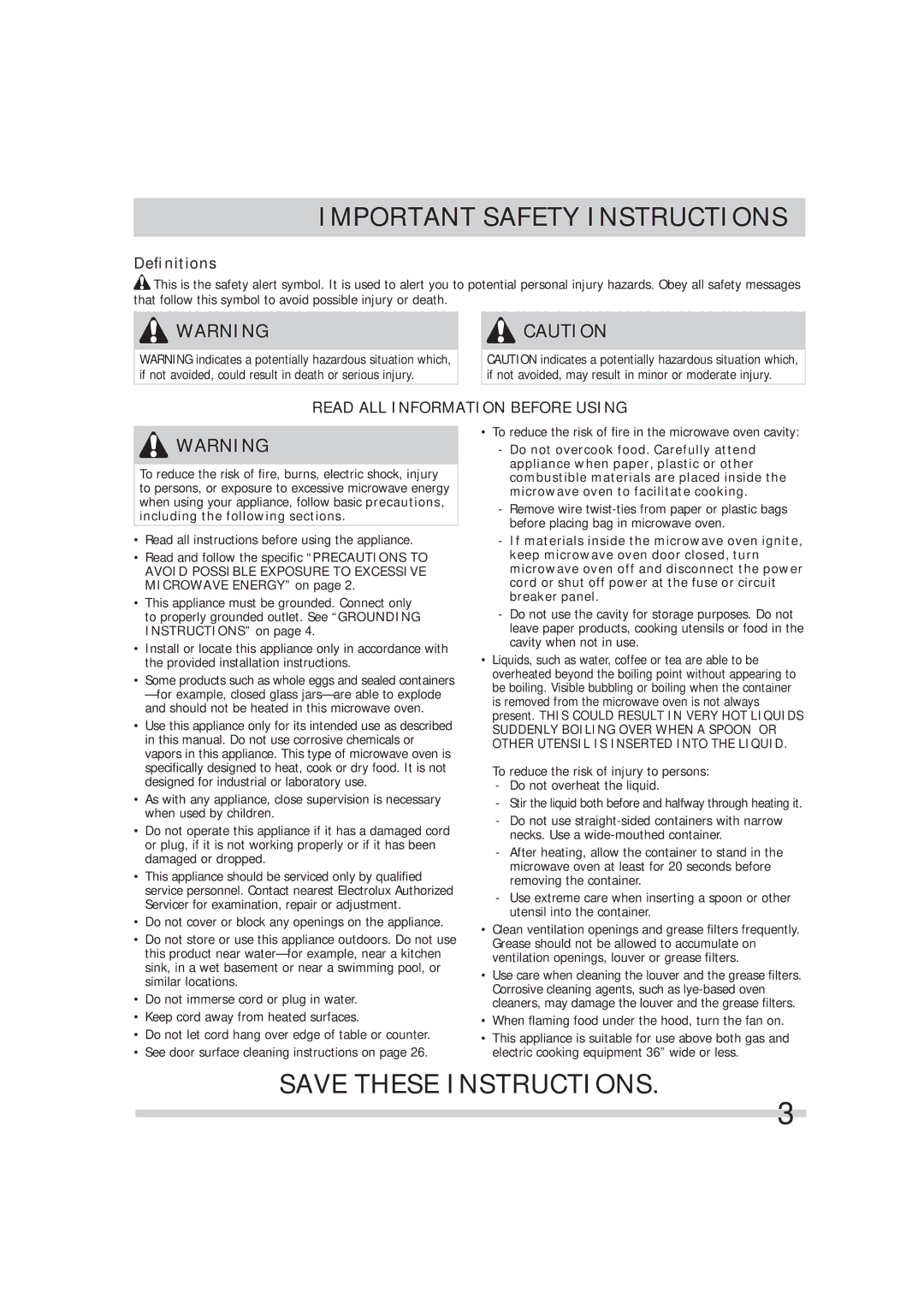 Frigidaire 316495054 manual Deﬁnitions, Read ALL Information Before Using 