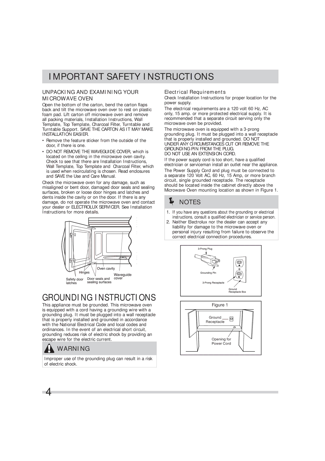 Frigidaire 316495054 manual Unpacking and Examining Your Microwave Oven, Electrical Requirements 