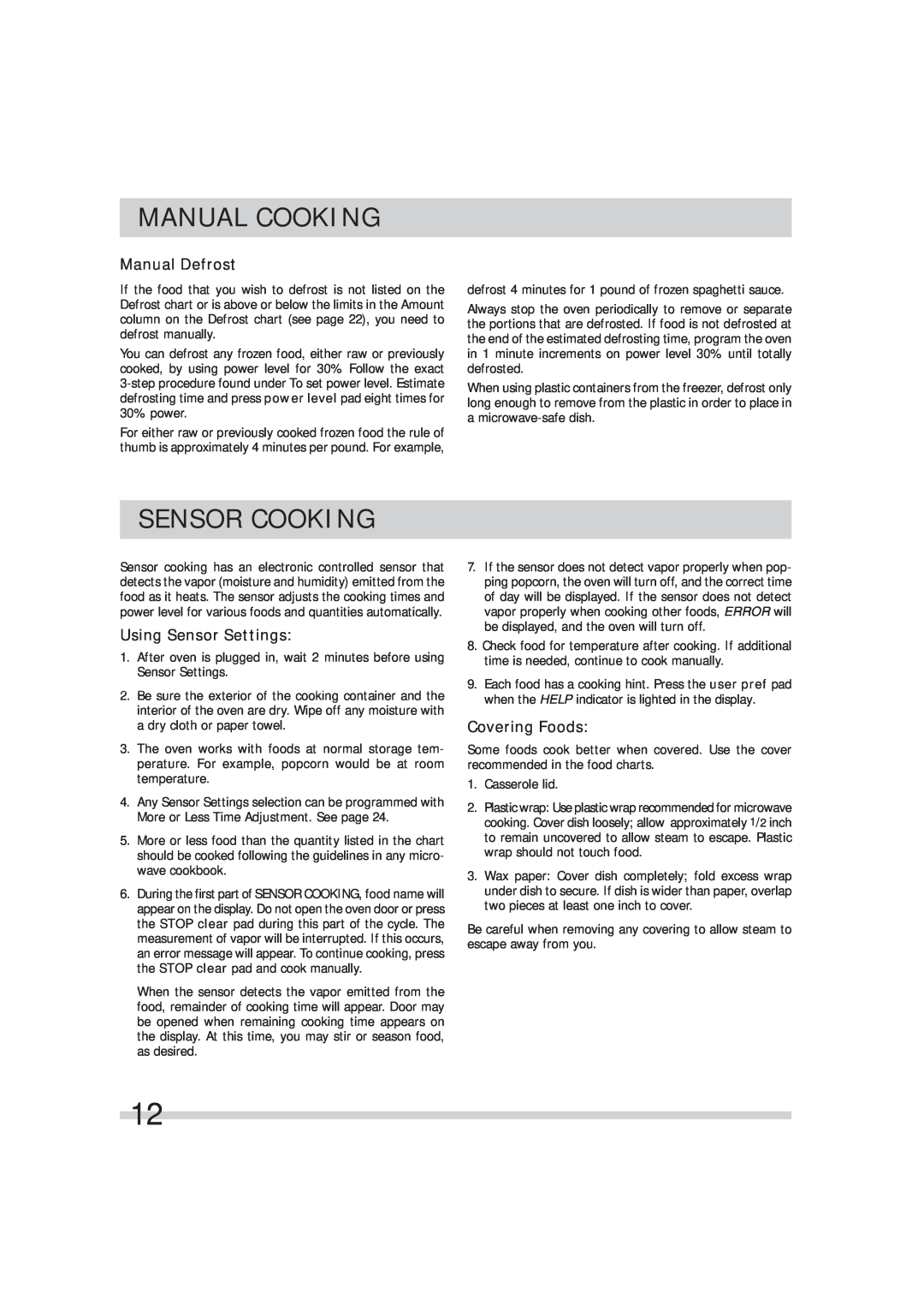 Frigidaire 316495054 manual Sensor Cooking, Manual Defrost, Using Sensor Settings, Covering Foods, Manual Cooking 