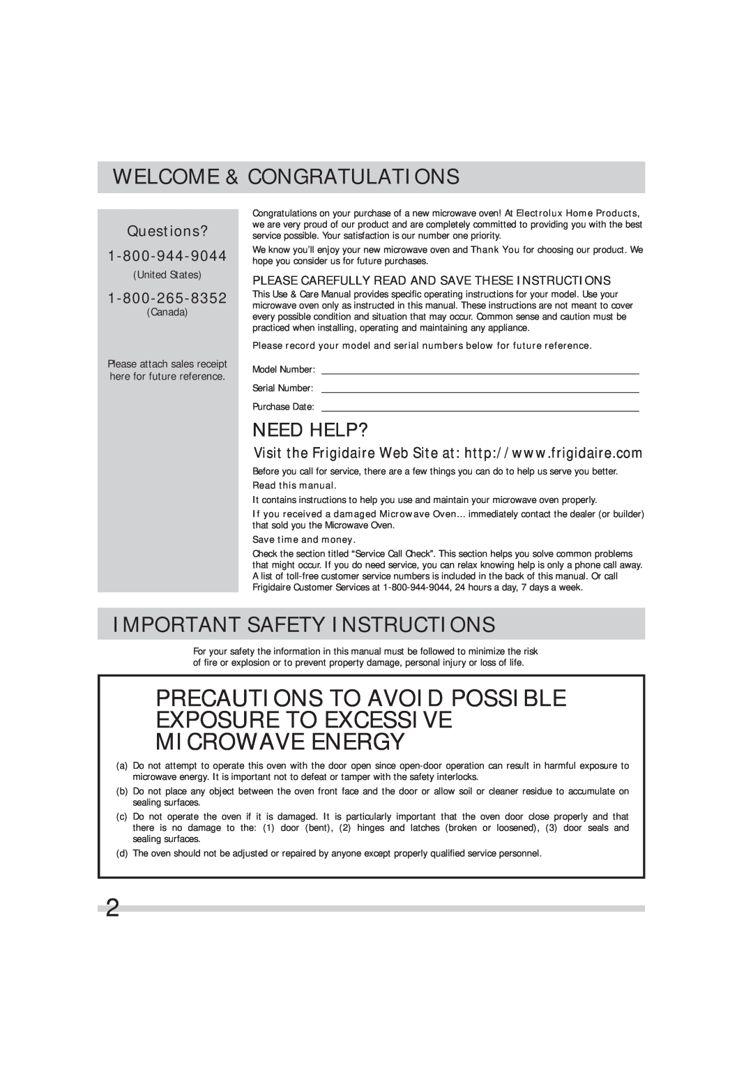 Frigidaire 316495054 Welcome & Congratulations, Important Safety Instructions, Questions?, Need Help?, Read this manual 