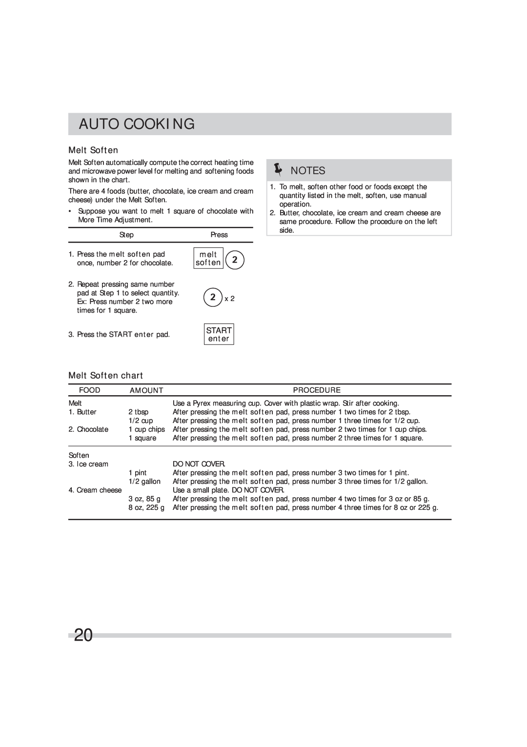 Frigidaire 316495054 manual Melt Soften chart, melt soften, START enter, Auto Cooking, Food, Amount, Procedure 
