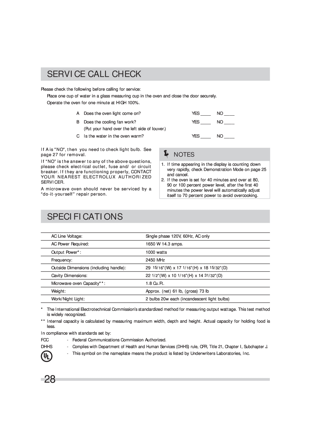 Frigidaire 316495054 manual Service Call Check, Specifications 