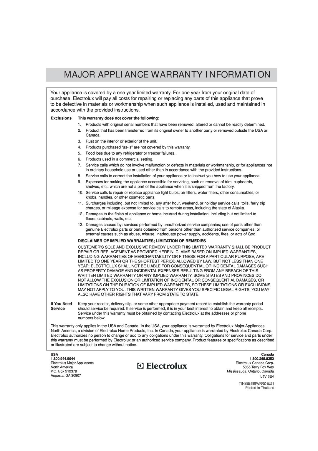 Frigidaire 316495054 manual Major Appliance Warranty Information 