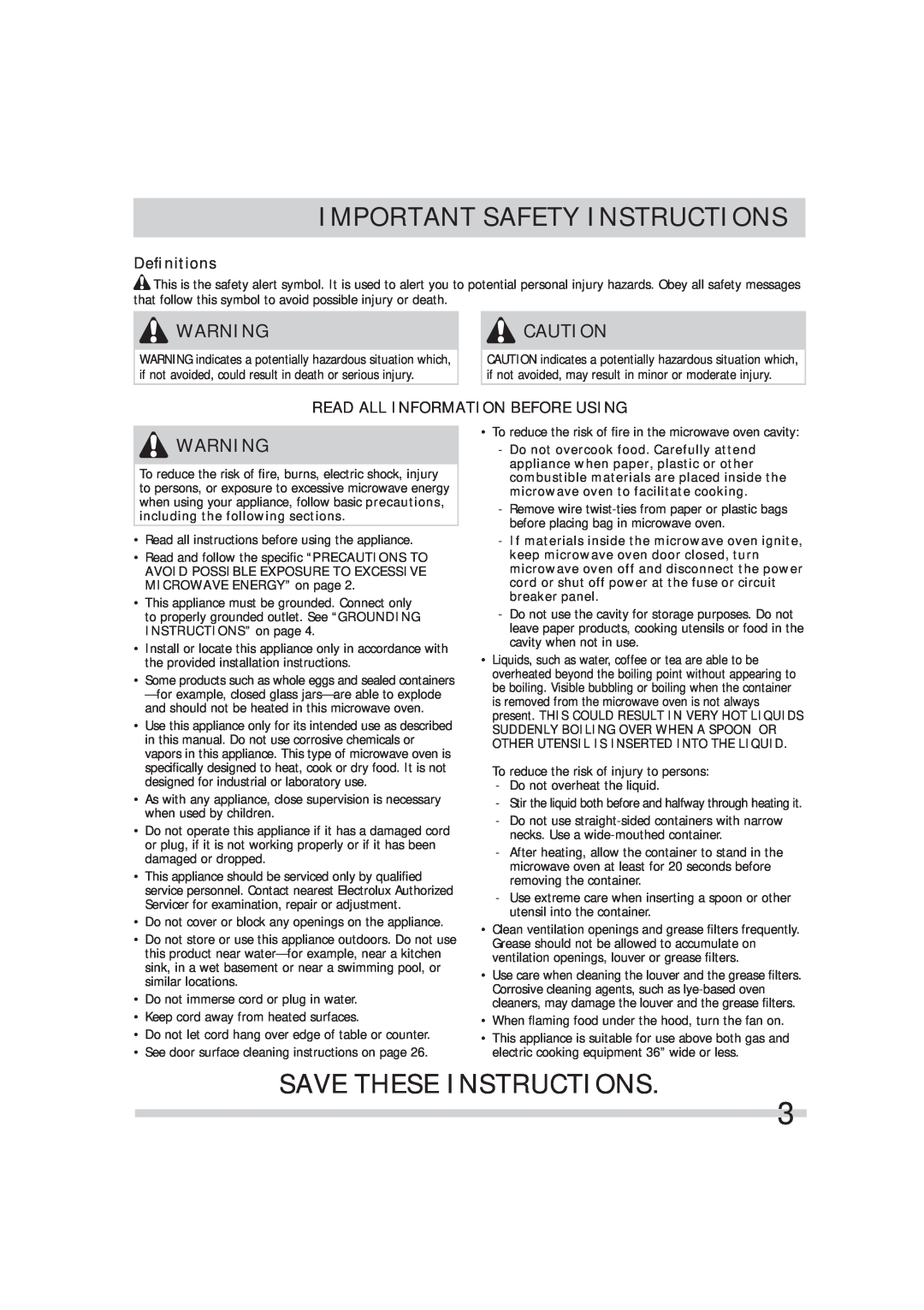 Frigidaire 316495054 Save These Instructions, Deﬁnitions, Read All Information Before Using, Important Safety Instructions 