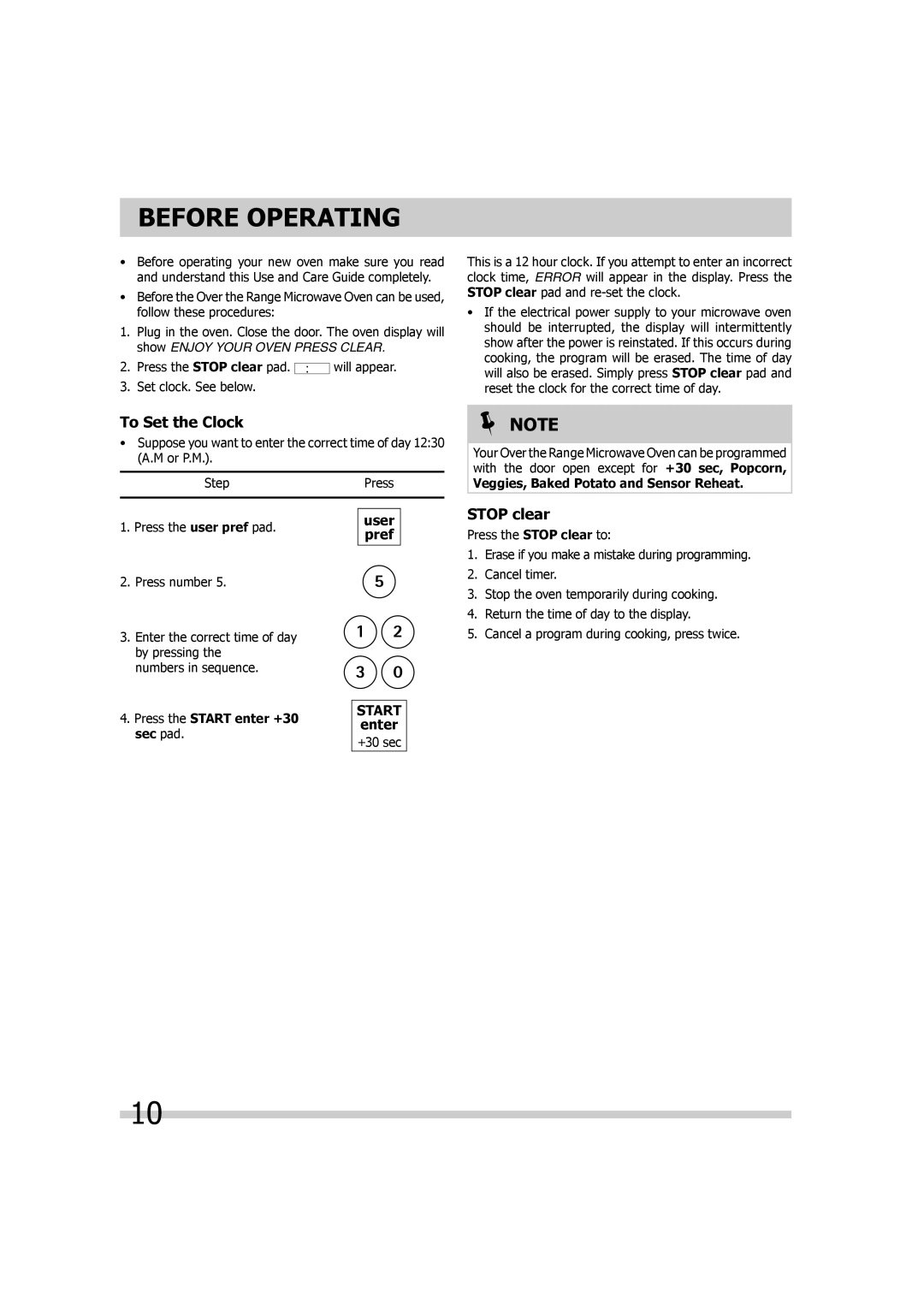 Frigidaire 316495055 important safety instructions Before Operating, To Set the Clock, Stop clear 