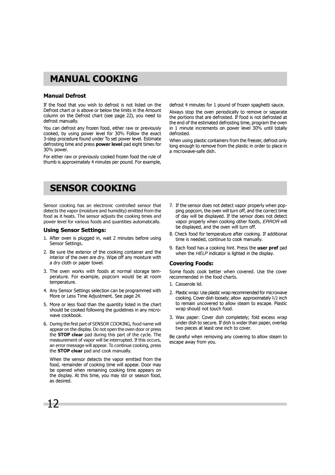 Frigidaire 316495055 important safety instructions Sensor Cooking, Manual Defrost, Using Sensor Settings, Covering Foods 