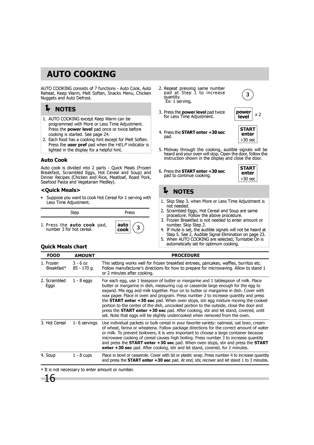 Frigidaire 316495055 important safety instructions Auto Cooking, Quick Meals chart 