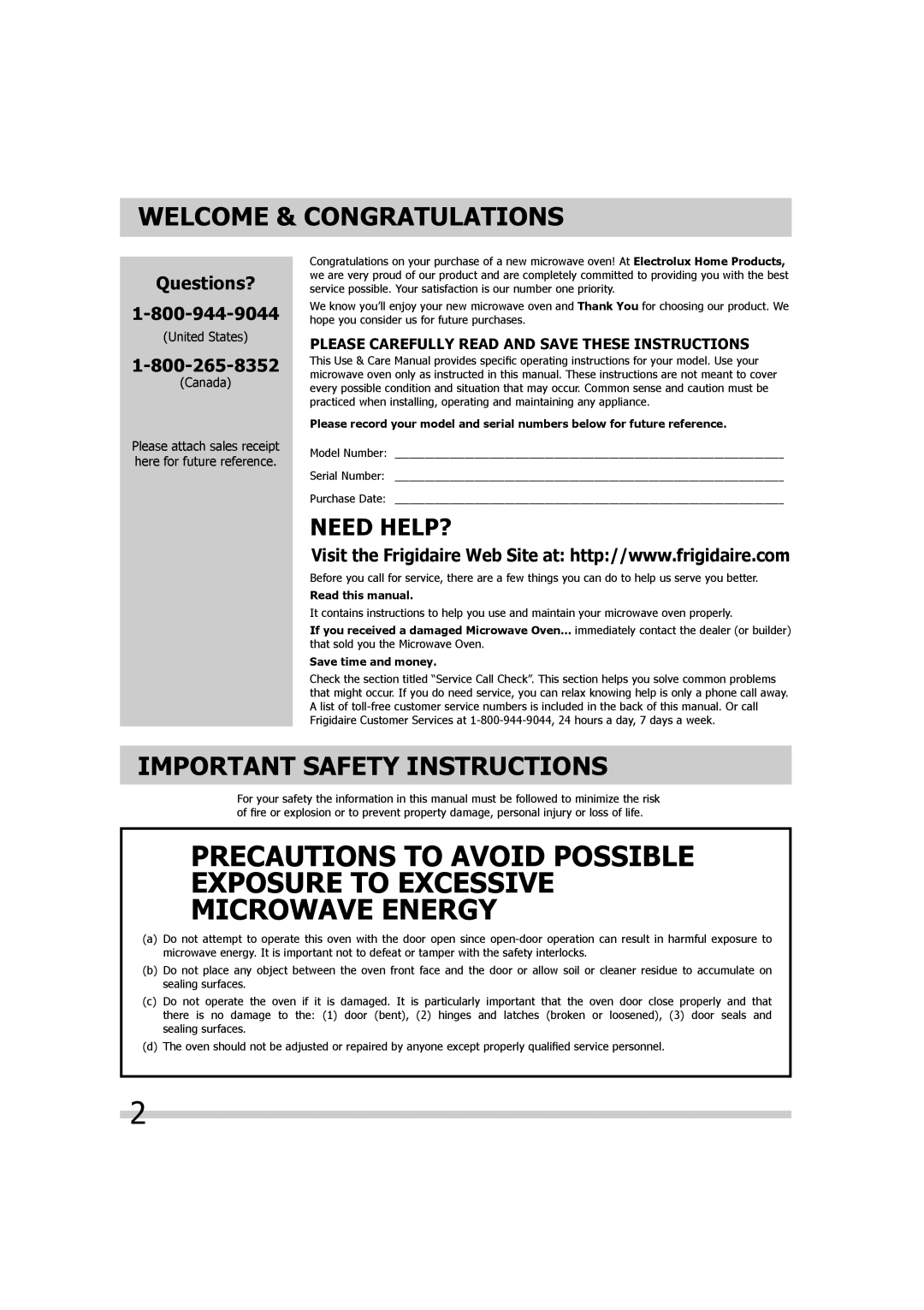 Frigidaire 316495055 important safety instructions Welcome & Congratulations, Important Safety Instructions 