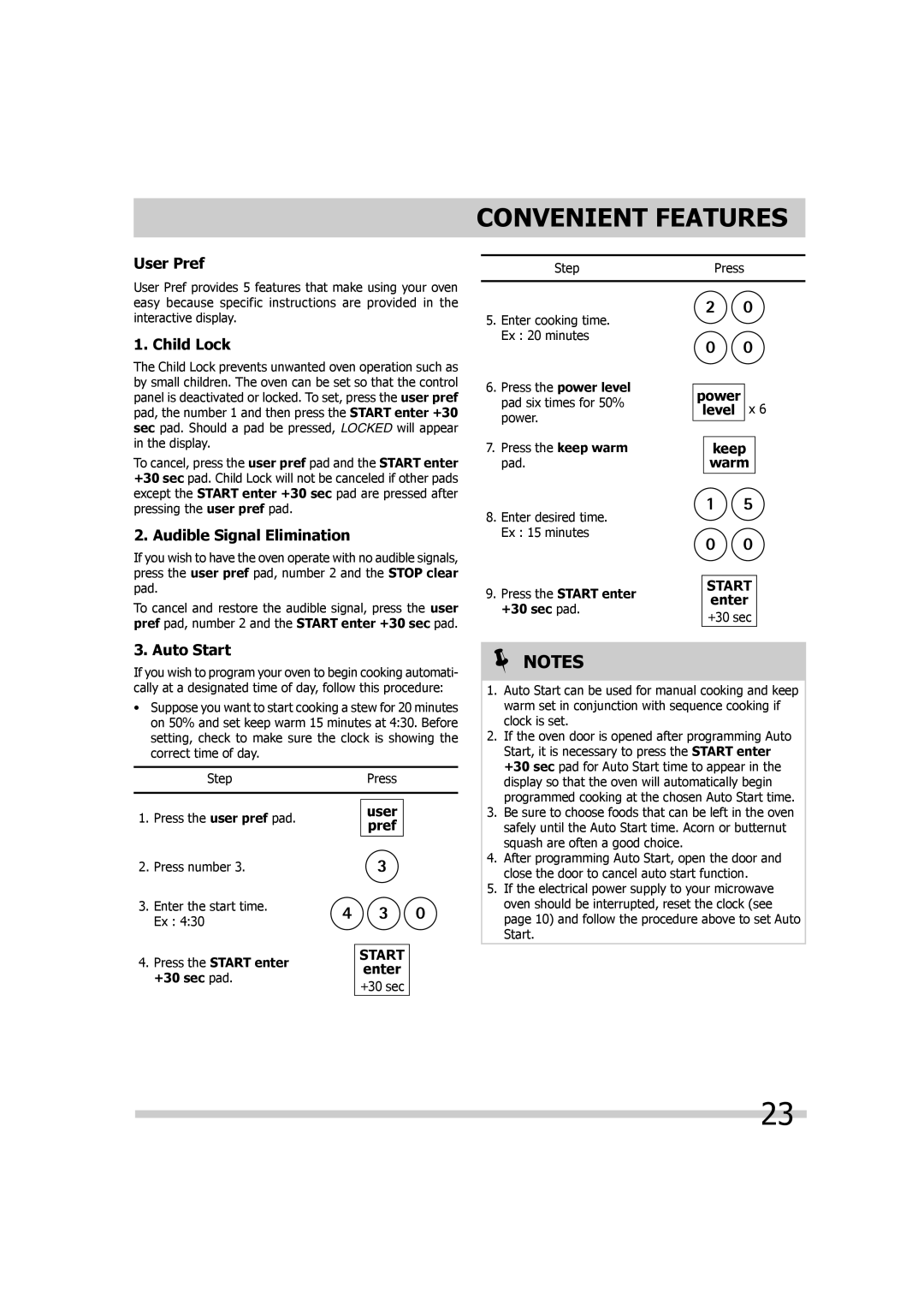 Frigidaire 316495055 Convenient Features, User Pref, Child Lock, Audible Signal Elimination, Auto Start 