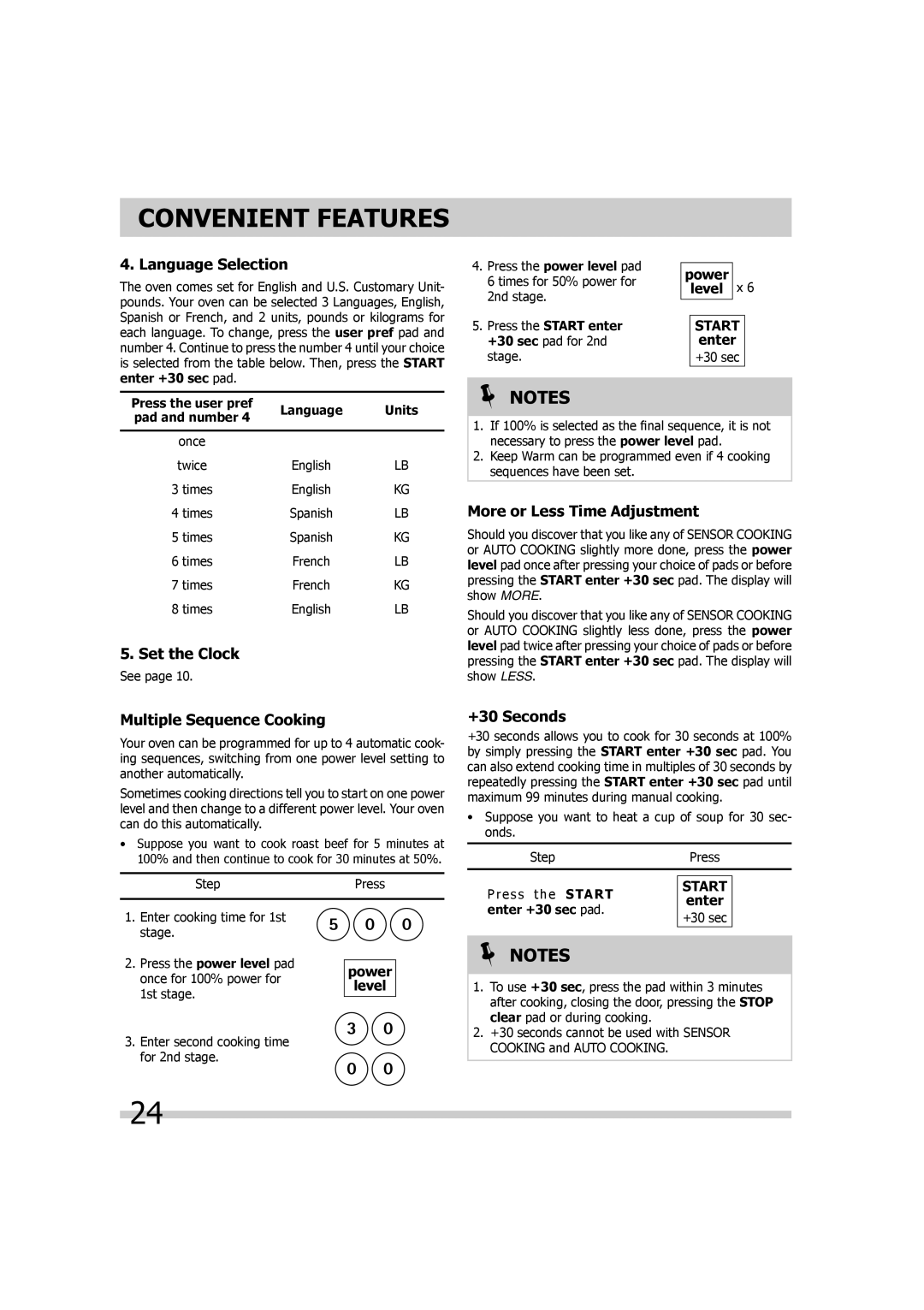 Frigidaire 316495055 Language Selection, Multiple Sequence Cooking, More or Less Time Adjustment, +30 Seconds, Power Level 