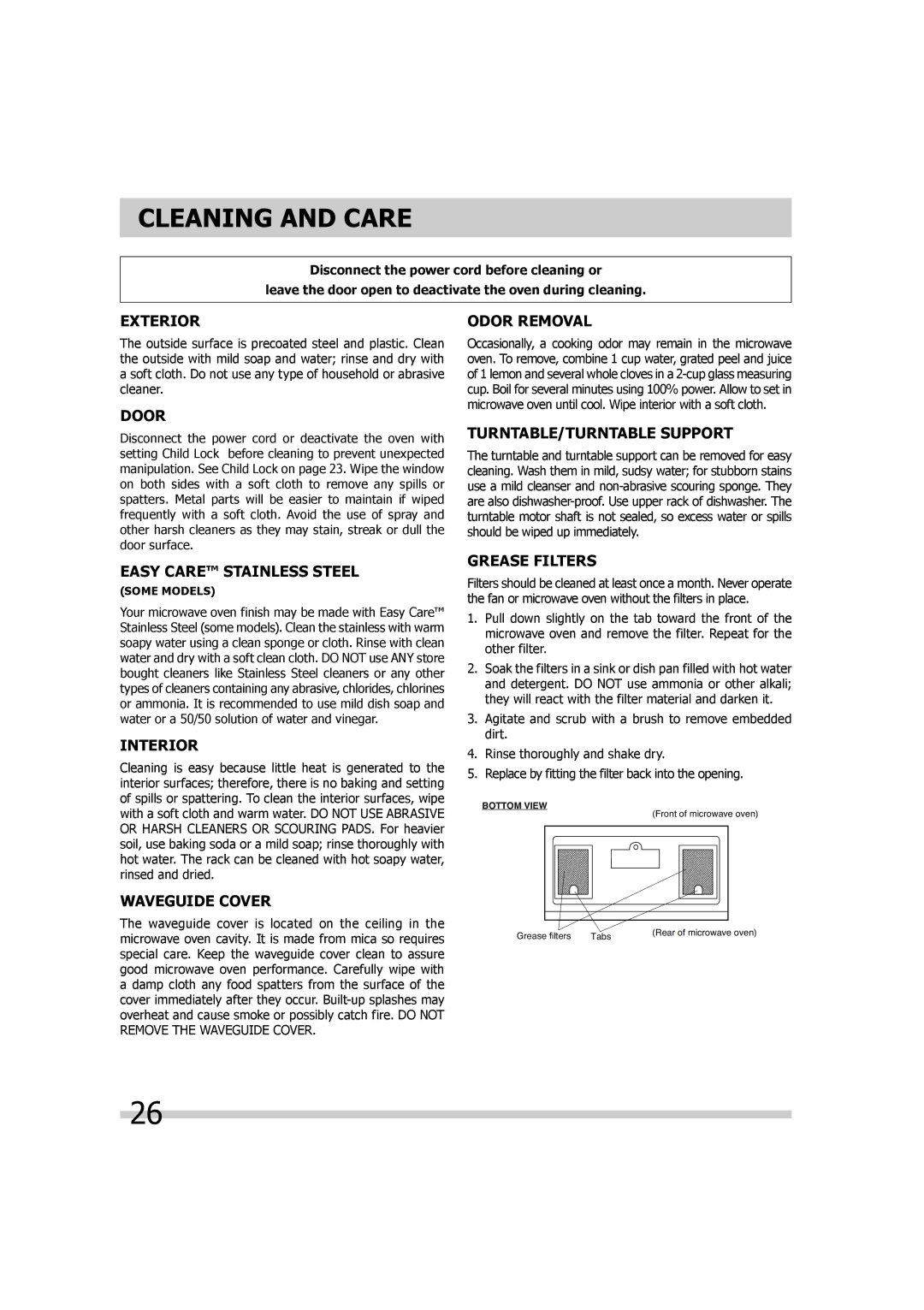 Frigidaire 316495055 important safety instructions Cleaning and Care 