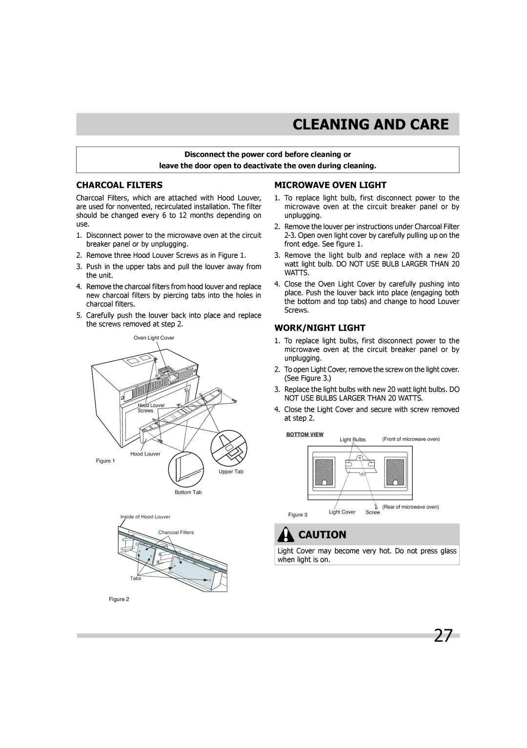 Frigidaire 316495055 important safety instructions Charcoal Filters, Microwave Oven Light, WORK/NIGHT Light 