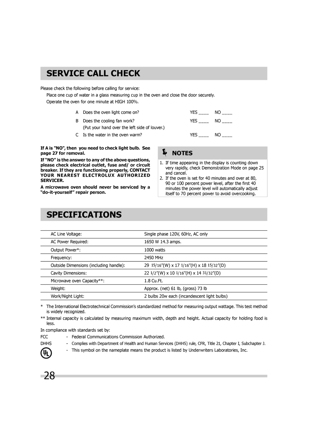 Frigidaire 316495055 important safety instructions Service Call Check, Specifications 