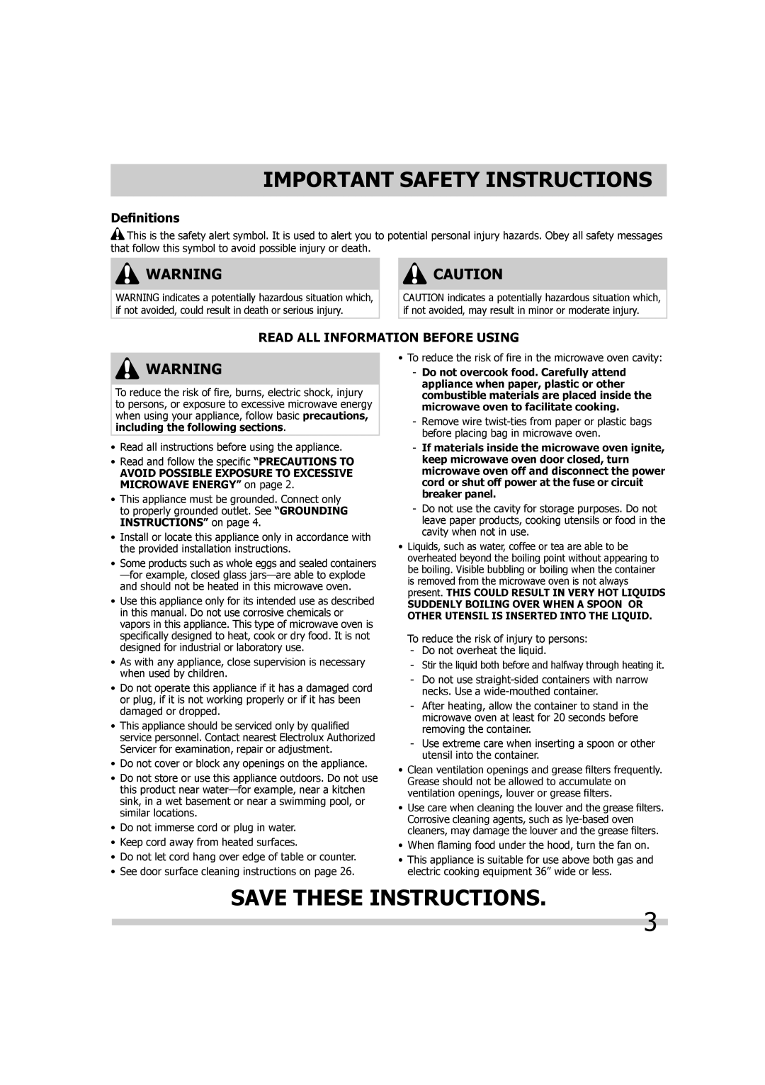 Frigidaire 316495055 important safety instructions Deﬁnitions, Read ALL Information Before Using 