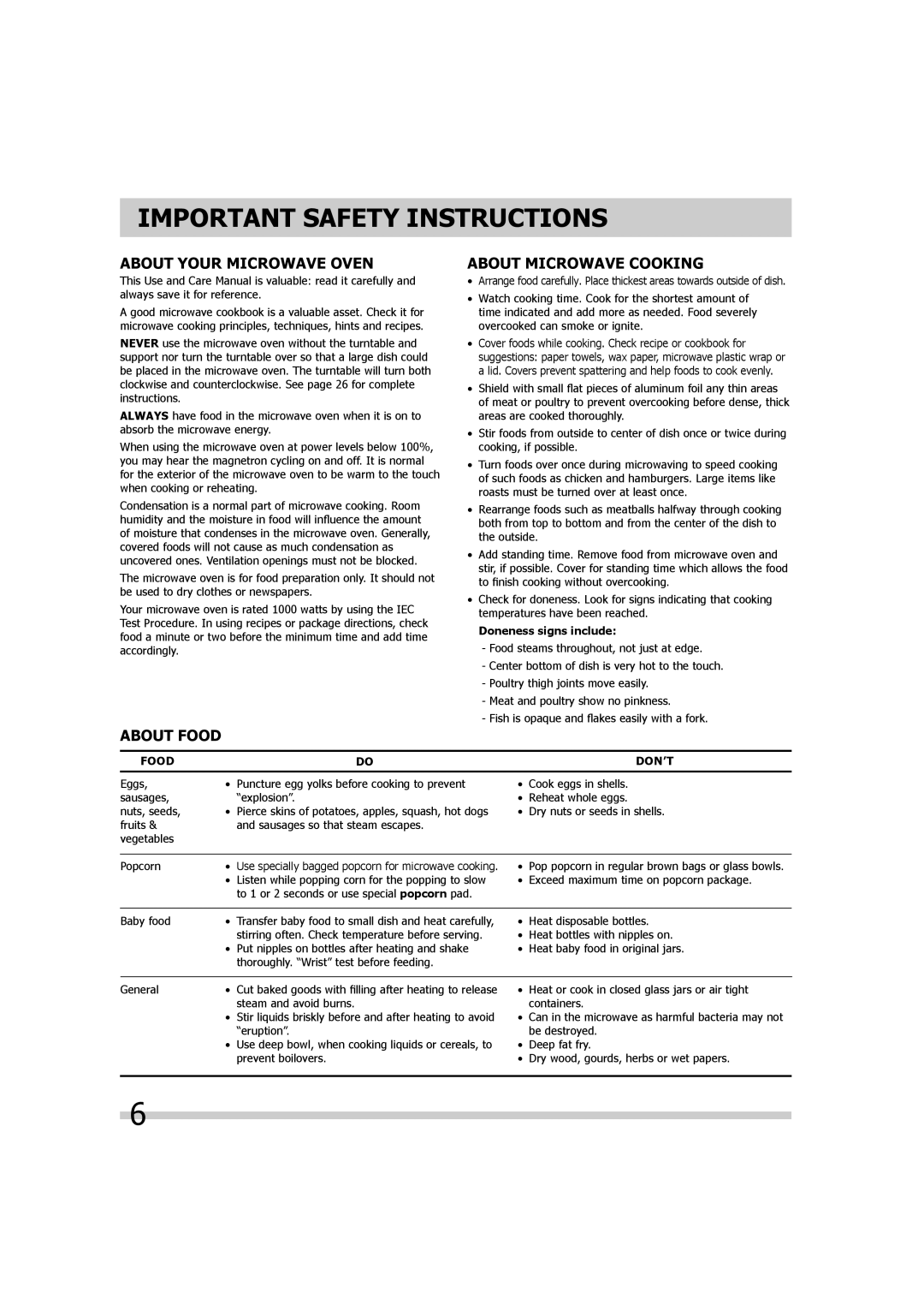 Frigidaire 316495055 important safety instructions About Your Microwave Oven, About Food About Microwave Cooking 