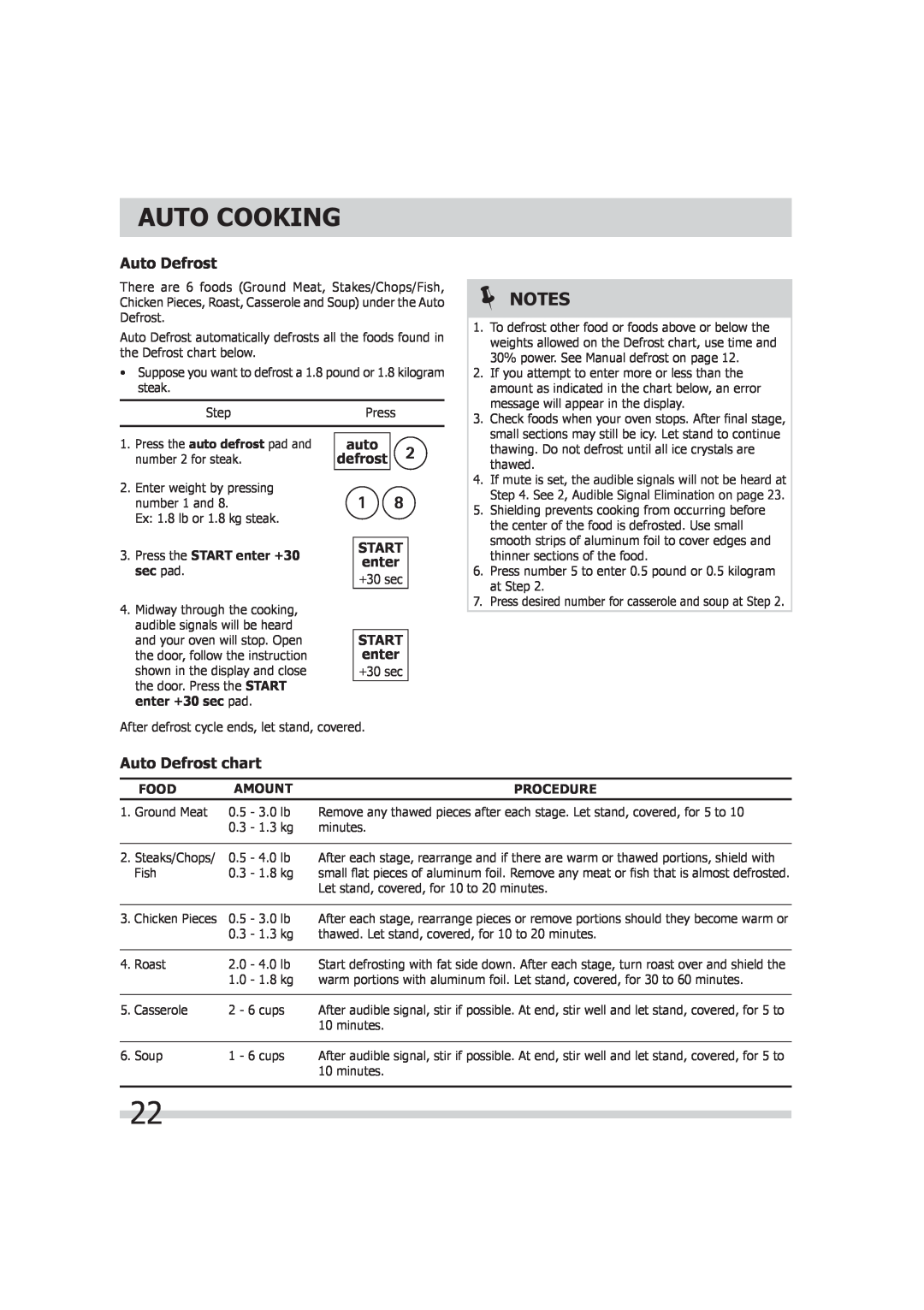 Frigidaire 316495055 Auto Defrost chart, defrost, Auto Cooking, auto, Start, Press the START enter +30, sec pad 