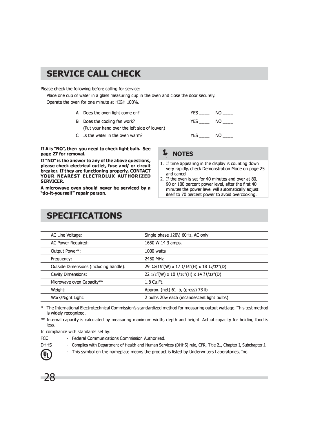 Frigidaire 316495055 important safety instructions Service Call Check, Specifications 