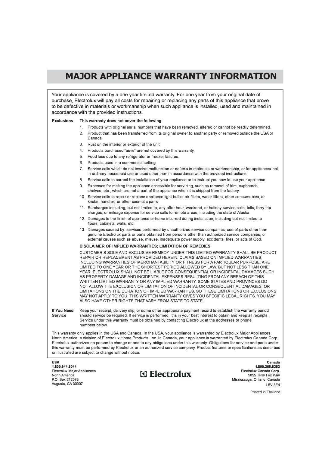 Frigidaire 316495055 Major Appliance Warranty Information, Exclusions This warranty does not cover the following 
