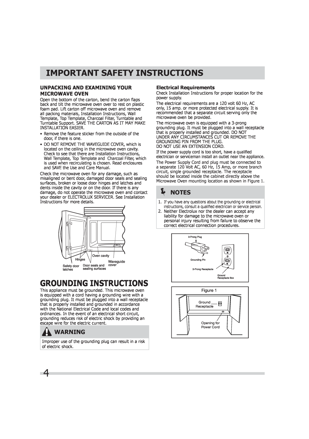 Frigidaire 316495055 Grounding Instructions, Unpacking And Examining Your Microwave Oven, Electrical Requirements 