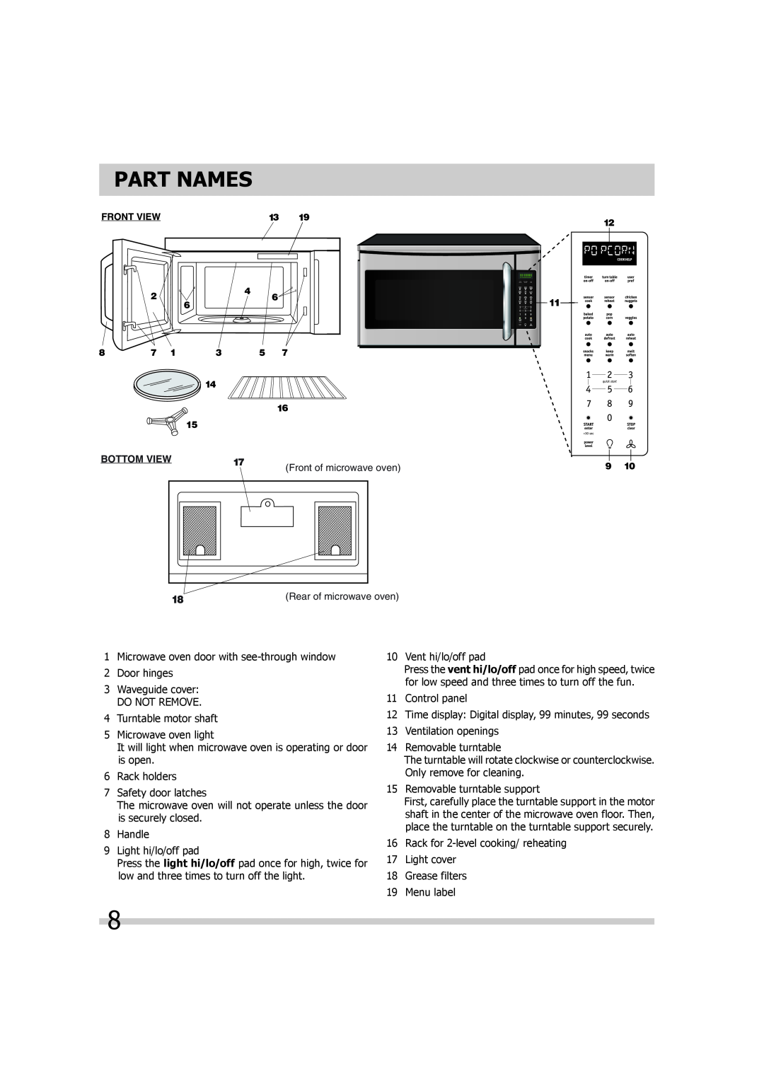 Frigidaire 316495055 important safety instructions Part Names, Bottom View 