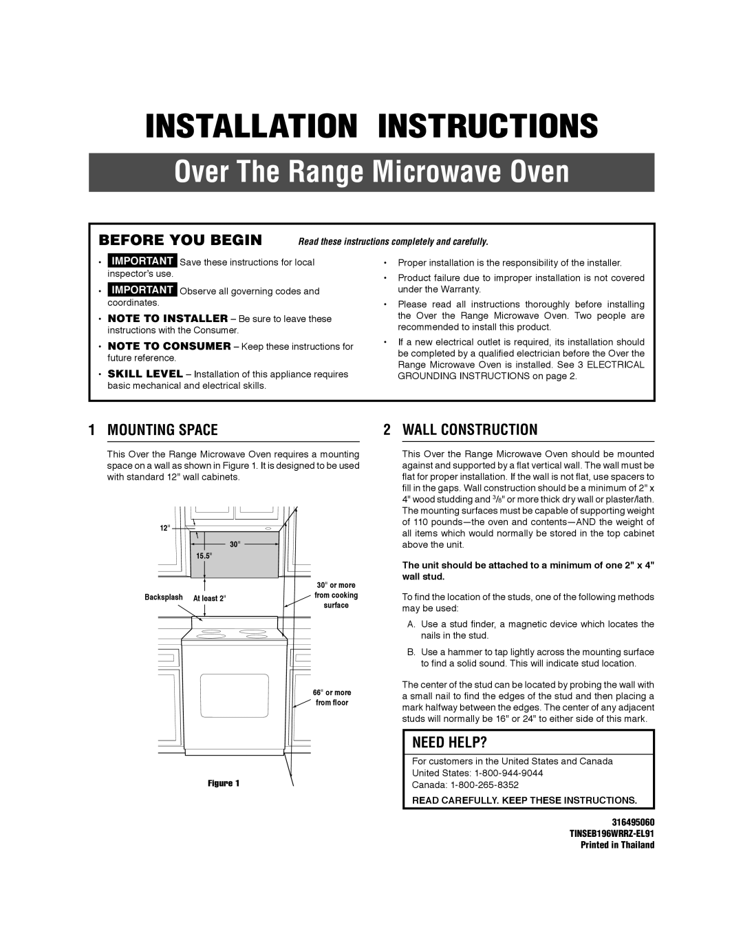 Frigidaire 316495060 manual Before YOU Begin, Mounting Space, Wall Construction, Need HELP? 