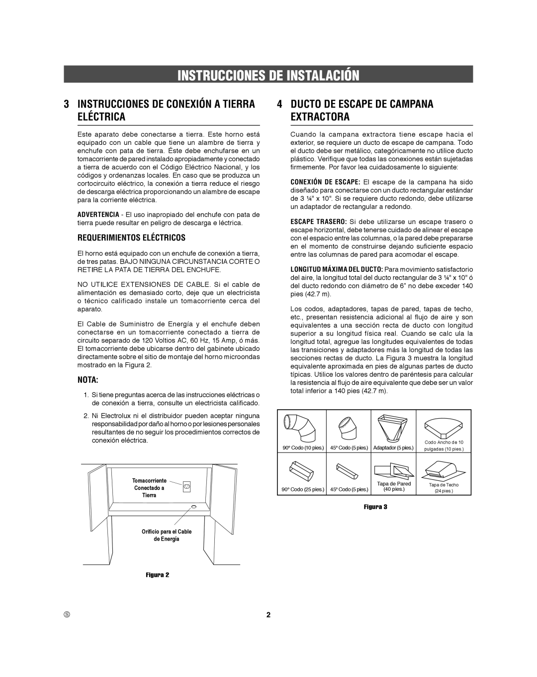 Frigidaire 316495060 manual Instrucciones DE Conexión a Tierra Eléctrica, Ducto DE Escape DE Campana Extractora, Nota 