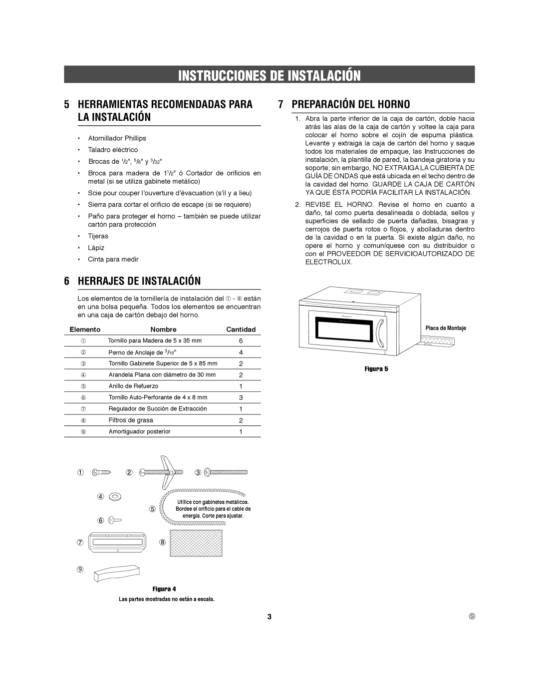 Frigidaire 316495060 manual Preparación DEL Horno, Herrajes DE Instalación, Elemento Nombre Cantidad 